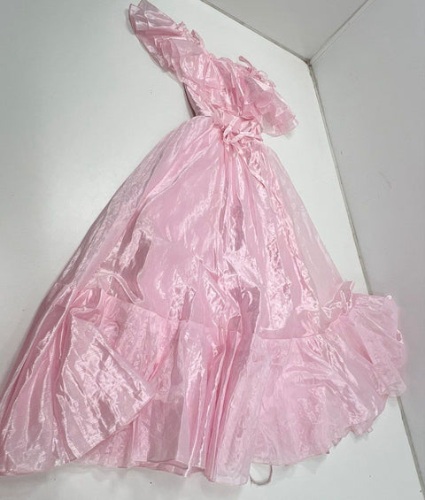 Vintage 80s JC Penney Women's Pink Ruffle Off Shoulder Formal Gown Dress Sz 7-8
