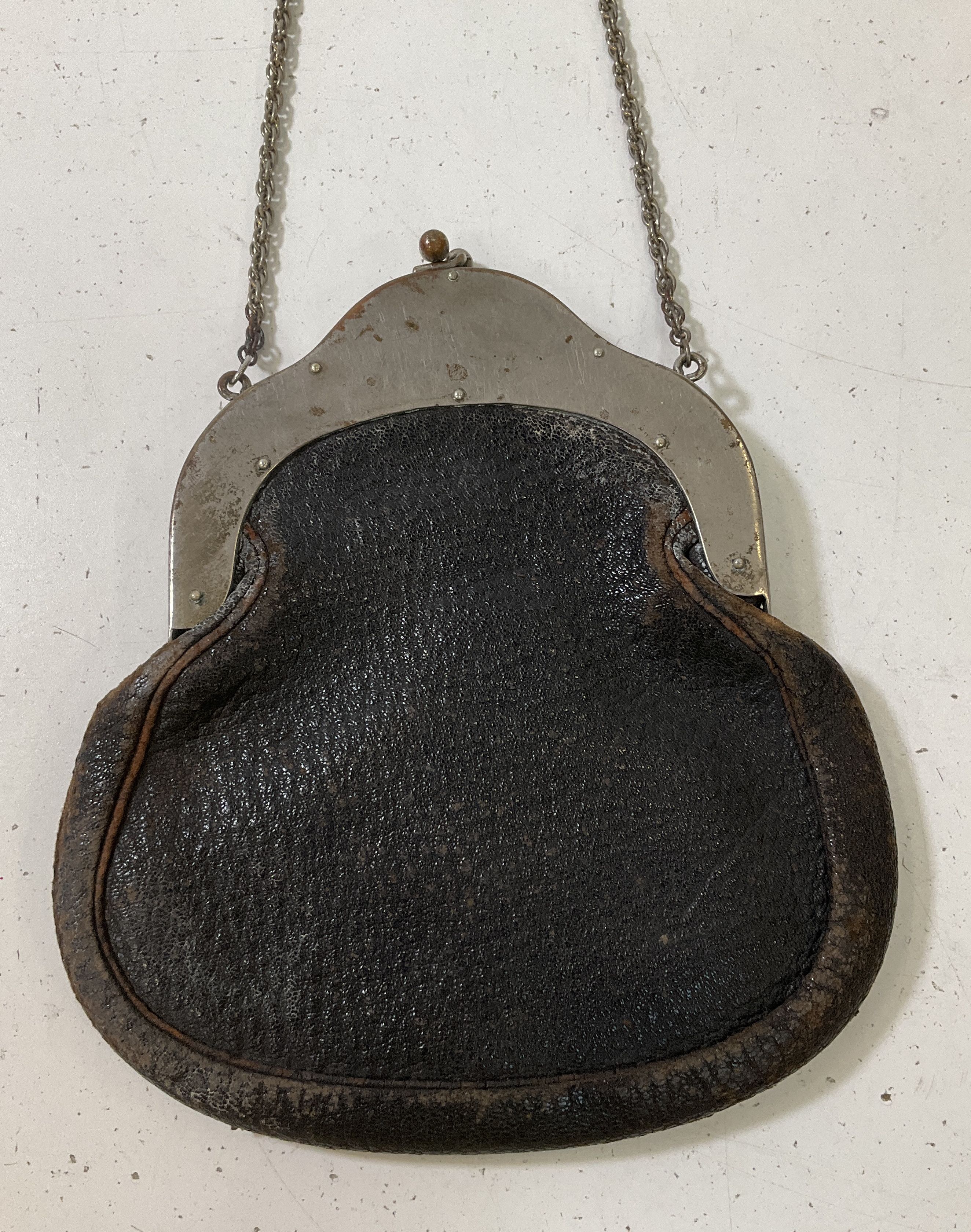 Antique Art Nouveau Repousse Frame Black Leather Kiss Lock Purse Handbag