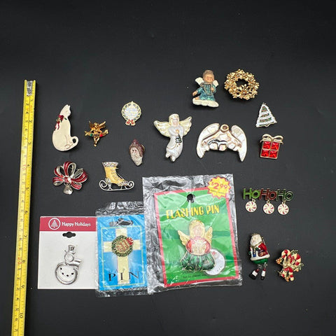 Christmas Holiday Jewelry Lot 18 Pcs Vintage to Modern Brooches Pins Santa Angel