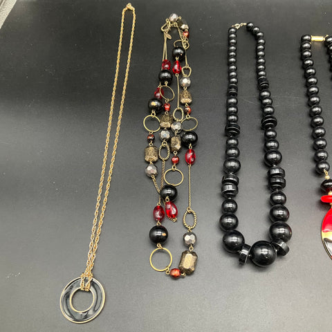 Vintage Red Black Gold Tone Statement Necklace Jewelry Lot of 7 Retro Pieces