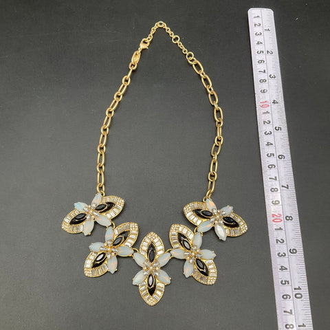 J. Crew Gold Tone Faux Opal Black Resin Rhinestone Floral Statement Necklace