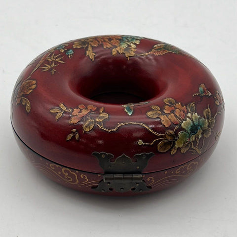 Vintage Chinoiserie Red Lacquer Toroidal Donut Jewelry Box Bird Flower 5"