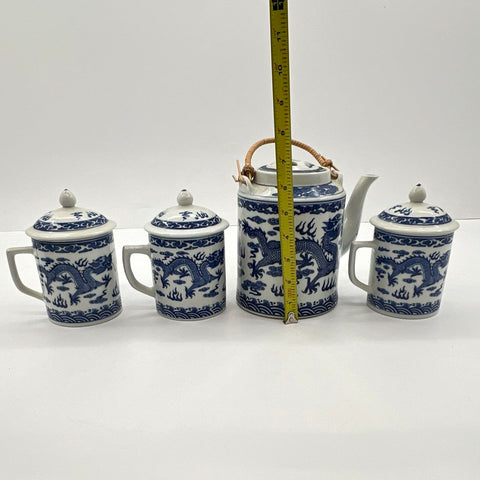 Vintage Chinese Blue & White Porcelain Dragon Tea Set Teapot 3 Lidded Mugs 8pc