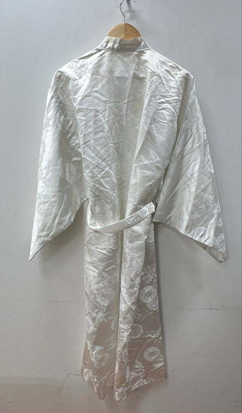 Vintage Women's White Satin Damask Dragon Kimono Robe Japanese Style Long