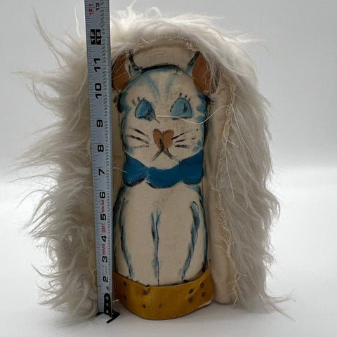 Carnival Game Cat Folk Art Figurine Painted Canvas & Faux Fur 12 Inch Wood Base