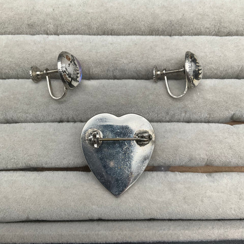 Vintage Morpho Butterfly Wing Heart Brooch Pin & Screwback Earrings Set Blue