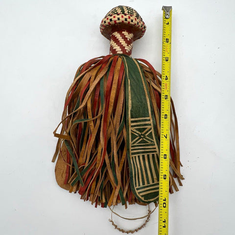 Vintage West African Fulani Woven Grass and Leather Hat Topper Finial Fringed