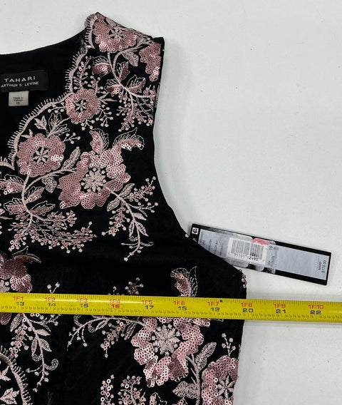 Tahari NWT Black Pink Sequin Embroidered Floral Mesh Cocktail Dress Women's 10