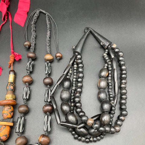 Vintage Boho Tribal Statement Necklace Lot 7pc Wood Bone Beaded Ethnic Designs