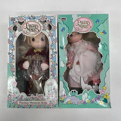 Vintage 1992 RoseArt Precious Moments Dolls Lot of 2 Bride & Pink Dress 9" NIB