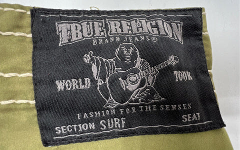 True Religion Men's Section Surf Olive Green Peace Sign Board Shorts Size 34