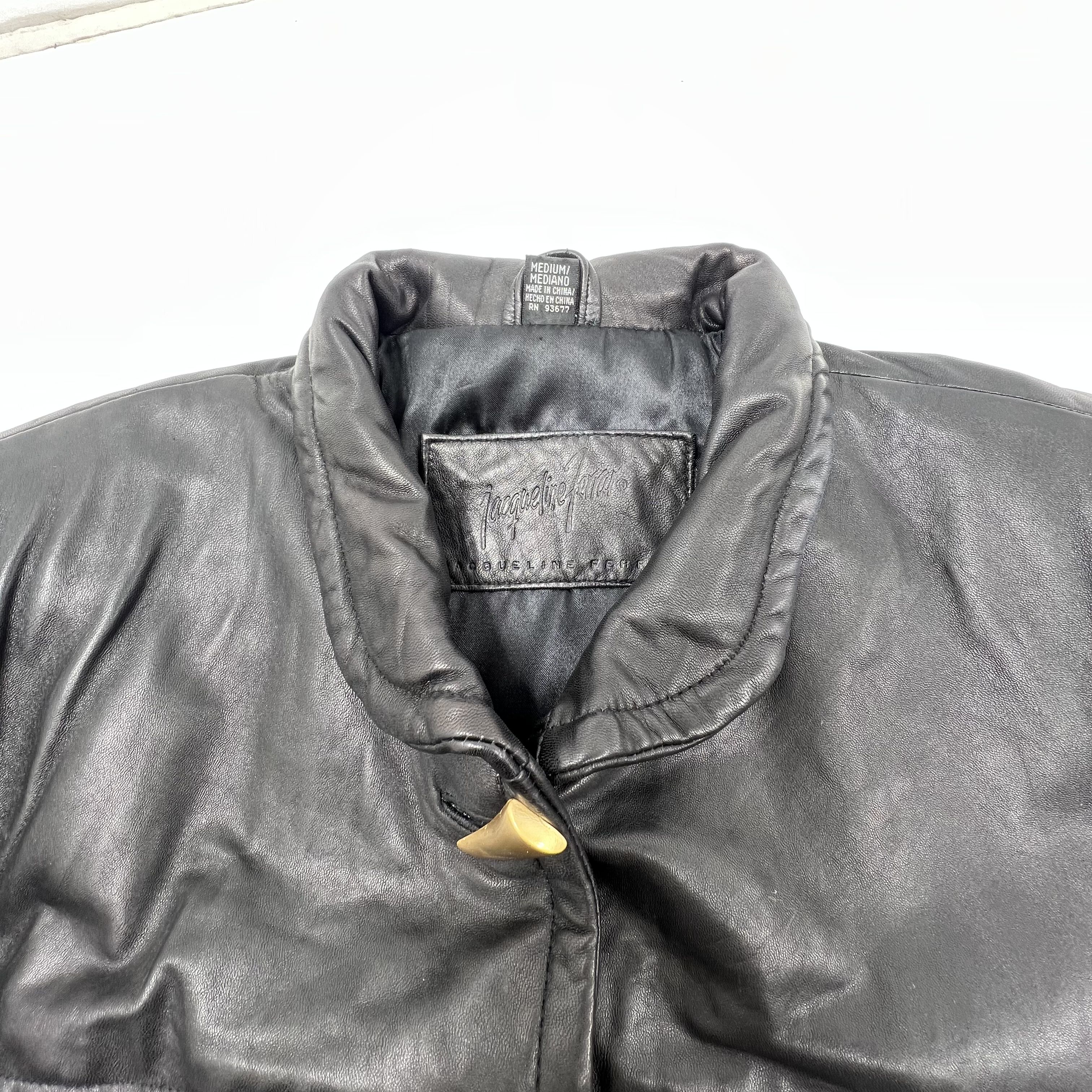 Vintage 80s Jacqueline Ferrari Black Leather Toggle Trench Coat Jacket Womens M