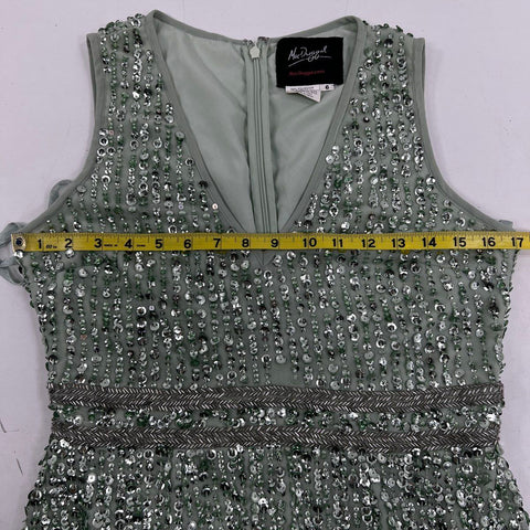 Mac Duggal Women's Sage Green Sequin Embellished Sleeveless V-Neck Dress Sz 6