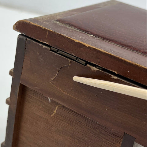 Vintage Wood Desk Jewelry Box Arc de Triomphe Style Greco-Roman Tooled Leather