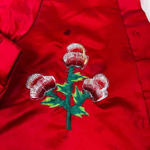 Vintage 90s Korean Red Satin Embroidered Floral Robe Dressing Gown Sz L