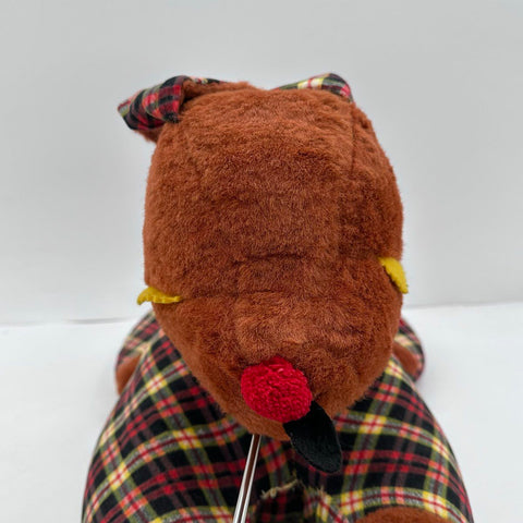 Vintage 1960s Dog Plushie Plaid Brown Faux Fur Stuffed Animal 20 Inch Large