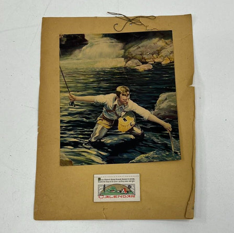 Vintage 1931 Brown & Bigelow Fishing Print w/ Calendar Angler Art 11.5x9.5"