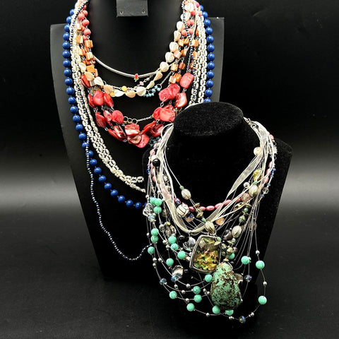Vintage Boho Jewelry Lot 10 Necklaces Turquoise Style Shell Faux Pearl Beaded