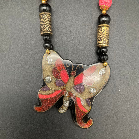 Vintage Butterfly Statement Pendant Necklace Beaded Black Red Purple 22"