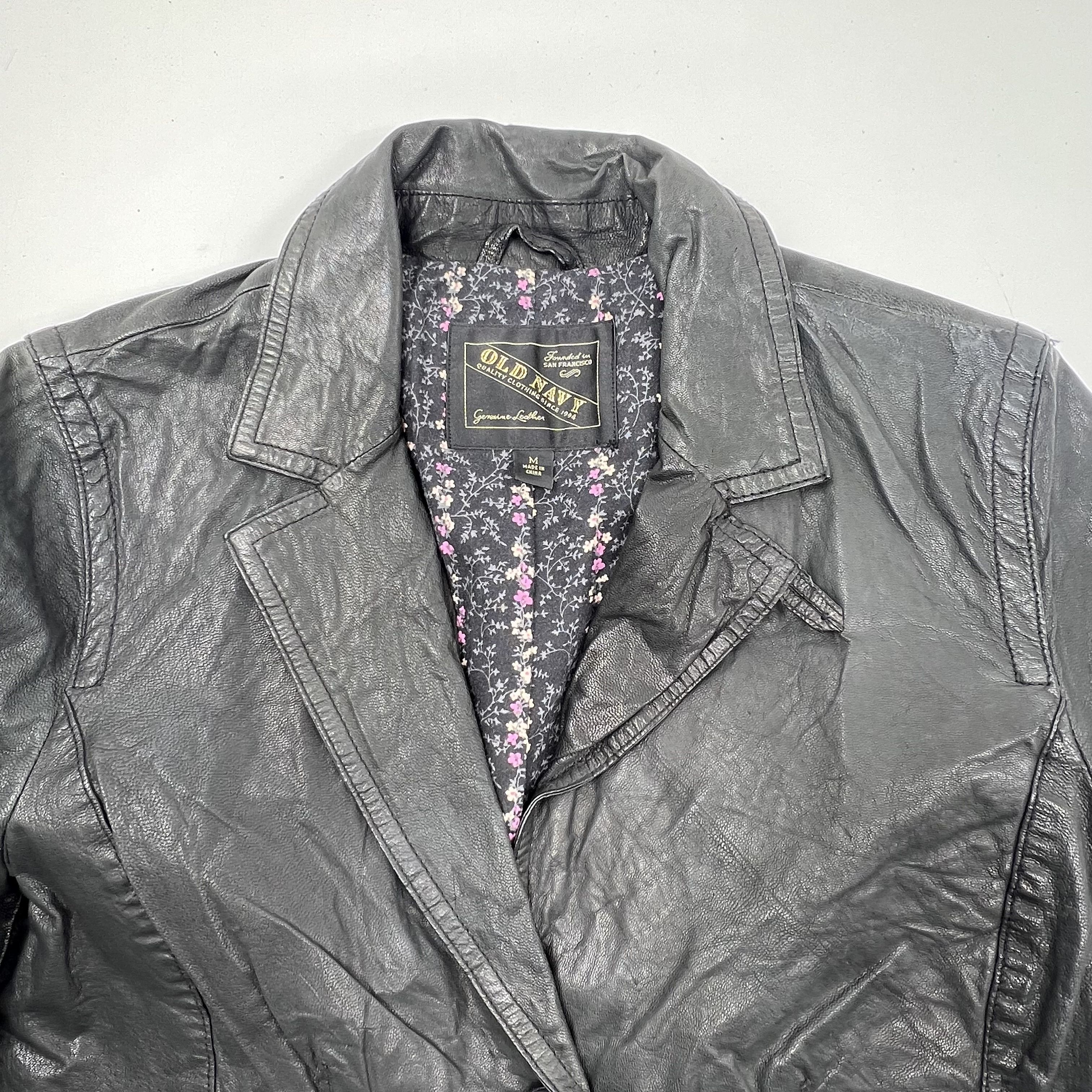 Vintage Y2K Old Navy Black Leather Blazer Floral Lined Jacket Womens M