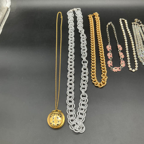 Vintage Costume Jewelry Lot 9 Necklaces Faux Pearl AB Glass Bead Gold Silver
