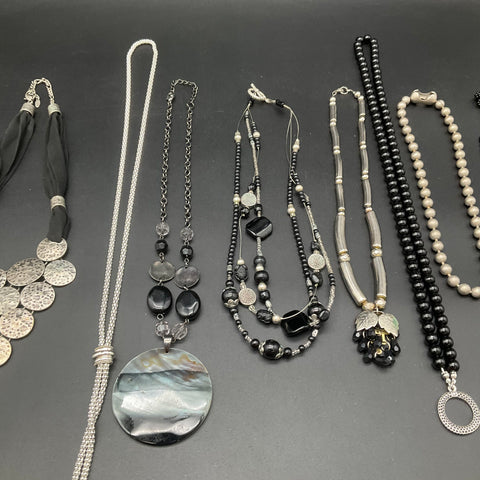 Mixed Fashion Necklace Lot of 9 Statement Beaded Silver Tone Black Tassel Bib