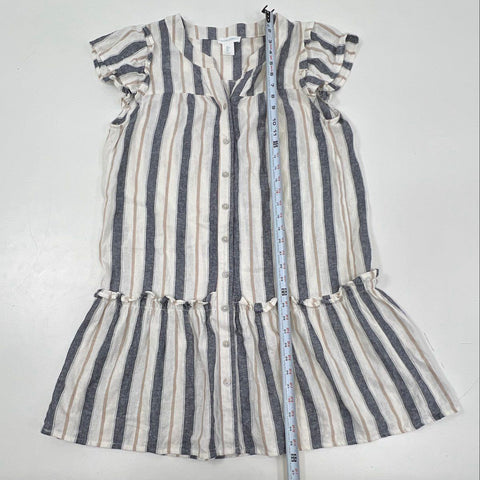 Cynthia Rowley Women's White Blue Striped Linen Blend Button Front Dress Sz L