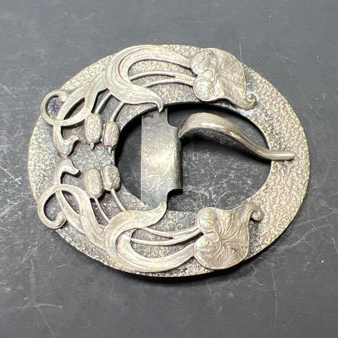Vintage Antique Art Nouveau Silver Tone Floral Leaf Stippled Oval Sash Belt
