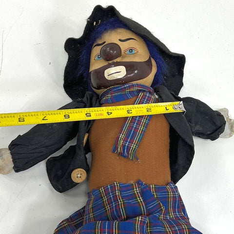 Vintage 70s Hobo Clown Doll Sad Face Hand Painted Plaid Outfit 22 in