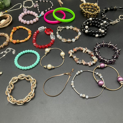 Vintage to Modern Wearable Jewelry Lot 25+ Bracelets Bangles Beaded Charm Chain