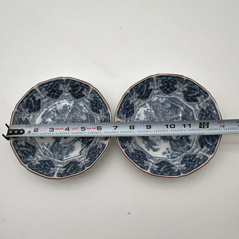 Japanese Blue and White Landscape Porcelain 6" Small Plates Set of 2 Vintage