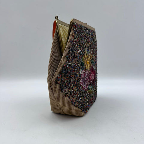 Vintage 1950s Soure Bag New York Tan Beaded Floral Lucite Handle Handbag Purse