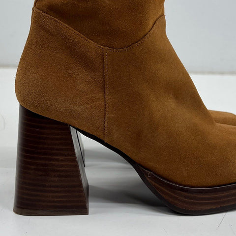 Angel Alarcon Brown Suede Square Toe Platform Block Heel Boots Size 39