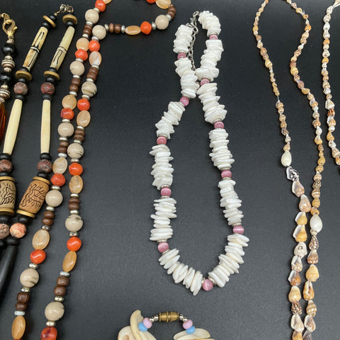 Vintage Boho Ethnic Shell Beaded Necklace Lot 12pc Cowrie Puka Hamsa Pendants