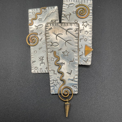 Vintage Q Miller Mixed Metal Southwestern Modernist Stamped Symbols Brooch Pin