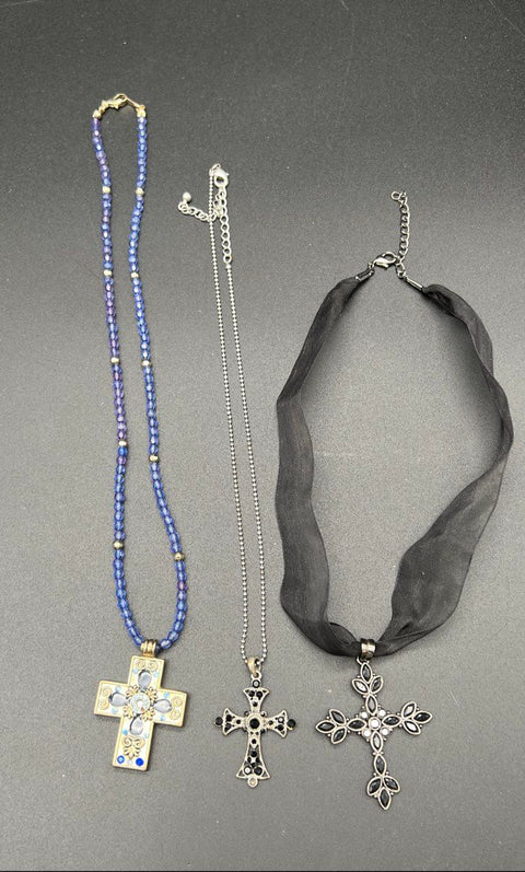 Lot of 6 Rhinestone Cross Pendant Necklaces Gothic Y2K Beaded Ribbon Choker