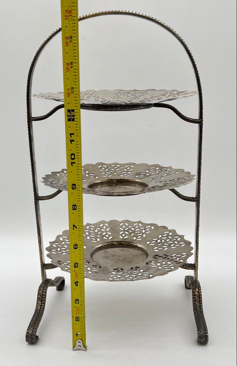 International Silver Co. Silver Plate 3-Tier Serving Stand Tray Pierced 4 Piece