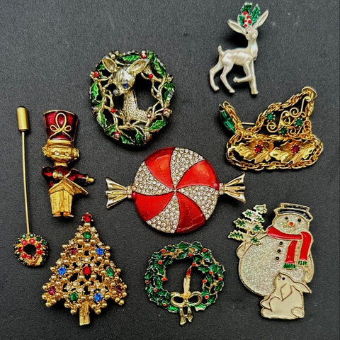 Vintage Christmas Brooch Pin Lot of 9 Rhinestone Enamel Liz Claiborne Gerry's