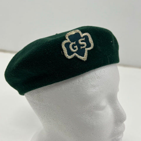 Vintage 70s Girl Scouts Green Wool Basque Beret Hat Official Uniform Patch 6 7/8
