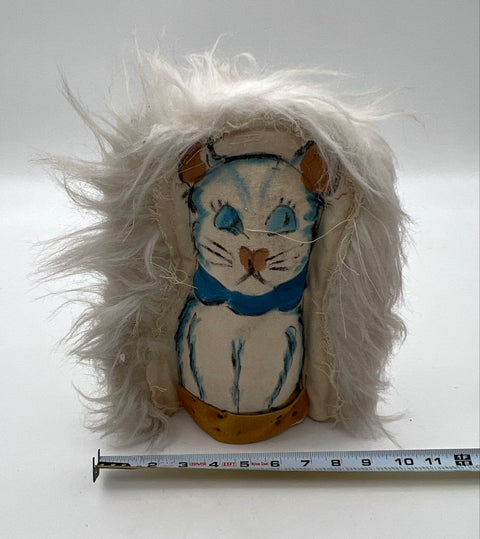 Carnival Game Cat Folk Art Figurine Painted Canvas & Faux Fur 12 Inch Wood Base