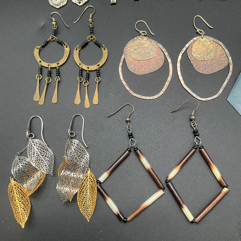 Boho Eclectic Artisan Earring Lot 14 Pairs Moon Skeleton Leaf Geometric Styles