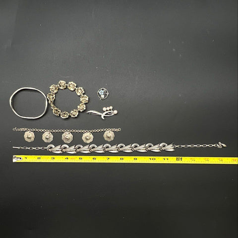 Vintage Silver Tone Jewelry Lot of 6 Rhinestone Charm Bracelets Floral Brooches