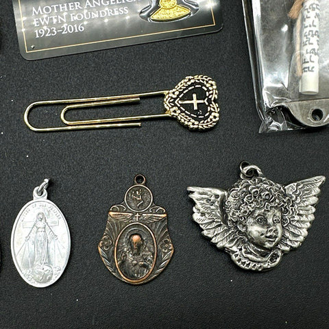 Catholic Religious Lot Medals Wooden Crosses Mezuzah Mother Angelica Pins 45pc