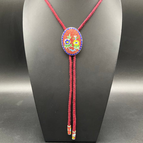 Vintage Enamel Cloisonne Floral Bolo Tie Red Braided Cord One Size