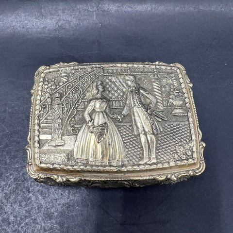 Vintage Silver Tone Courting Couple Repousse Jewelry Box Casket Red Velvet Japan
