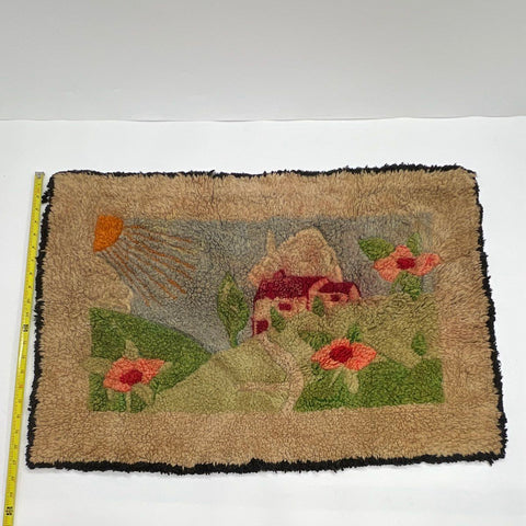 Vintage Hand Hooked Rug Wall Hanging Folk Art Landscape Cottage House Sun