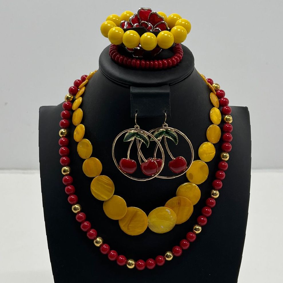 Lot Costume Cherry Earrings Yellow Red Beaded Gold Tone Necklaces Jewelry