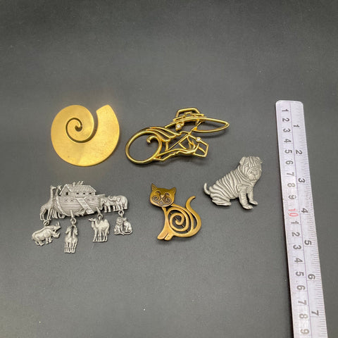 Vintage JJ Jonette Jewelry Figural Brooches Lot of 5 Noah's Ark Dog Cat Woman