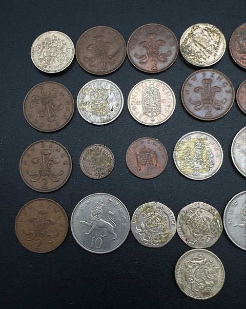 Vintage British Coin Lot 29 Pieces Mixed Denominations Elizabeth II Glue Residue