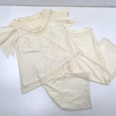 Vintage R&M Richards Beaded Drape Top Wide Leg Pants Set Sz 16W Ivory USA